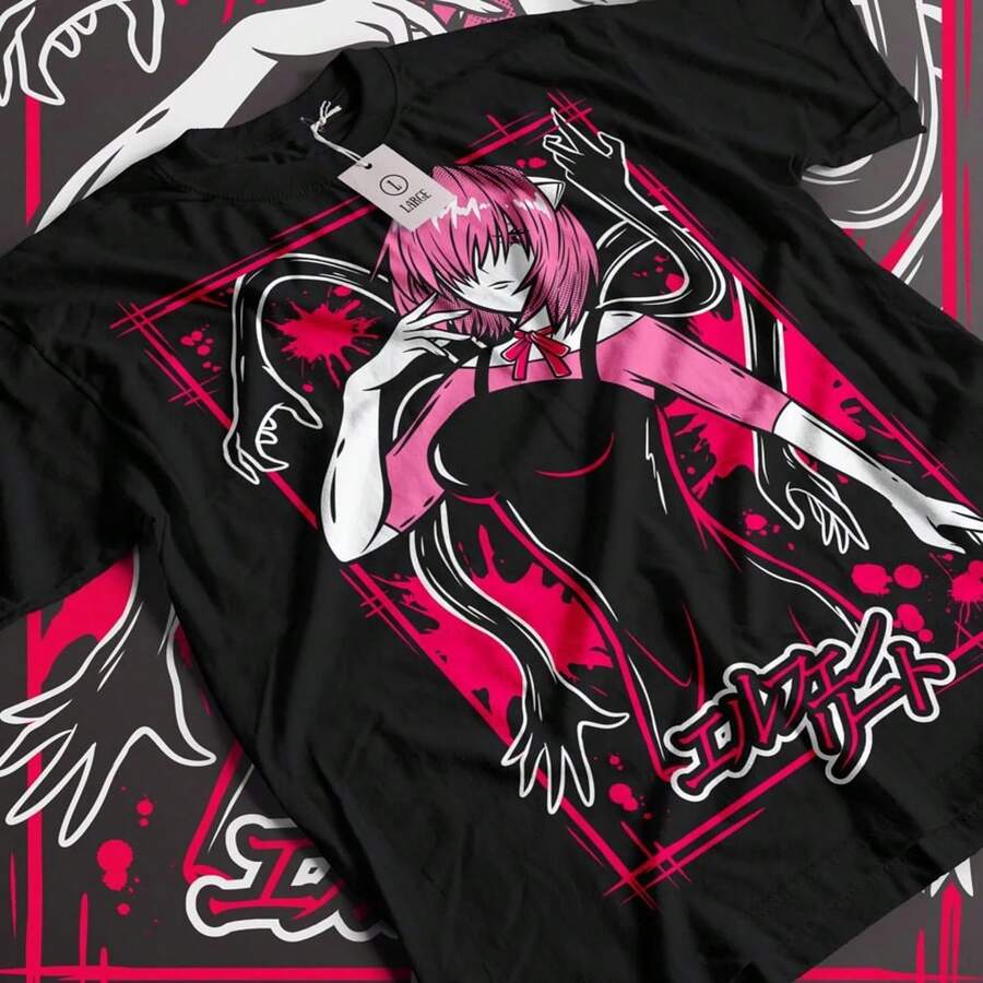 Unisex Elfen Lied Lucy Anime T-Shirt_ Manga Waifu Horror Tee Camiseta 100% Algodón Unisex - Playera Casual Premium de Corte Cómodo - Negro - Ver 1