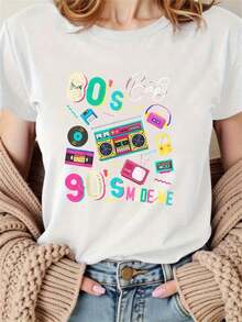 Women's Clothing. Colorful Graphics Celebrating 80s And 90s Pop Culture With Vintage Cassette Radio And Retro Console Evoking Youthful Nostalgia. Women's T-Shirt, 100% Cotton. - 白色 - 查看 6