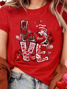 Cute Dwarf Heart-Shaped Roses Print T-Shirt, Short Sleeve Crew Neck Casual Top For Summer & Spring, Women's Clothing Birthday Presents Holiday Presents - 黑色 1 - 查看 6