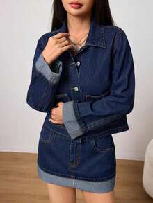 PETITE Conjunto de chaqueta vaquera y minifalda de mezclilla lavada, elegante y casual para uso diario de mujer en invierno y verano - Azul lavado oscuro - Ver 4
