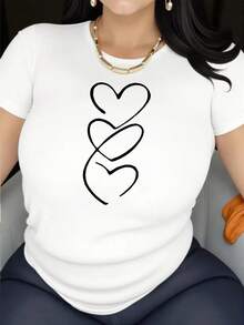 Women's T-Shirt, 100% Cotton, Short-Sleeved T-Shirt With Heart Print For Women, European And American Style - Sporty And Casual, Simple And Athletic, 95% Polyester Fiber, 5% Spandex, 180g, Printed Design, Suitable For All Seasons, Comfortable And Breathable, Fashionable And Versatile, Easy To Match, Elegant And Simple. Plain White T-Shirt - 黑色 - 查看 7