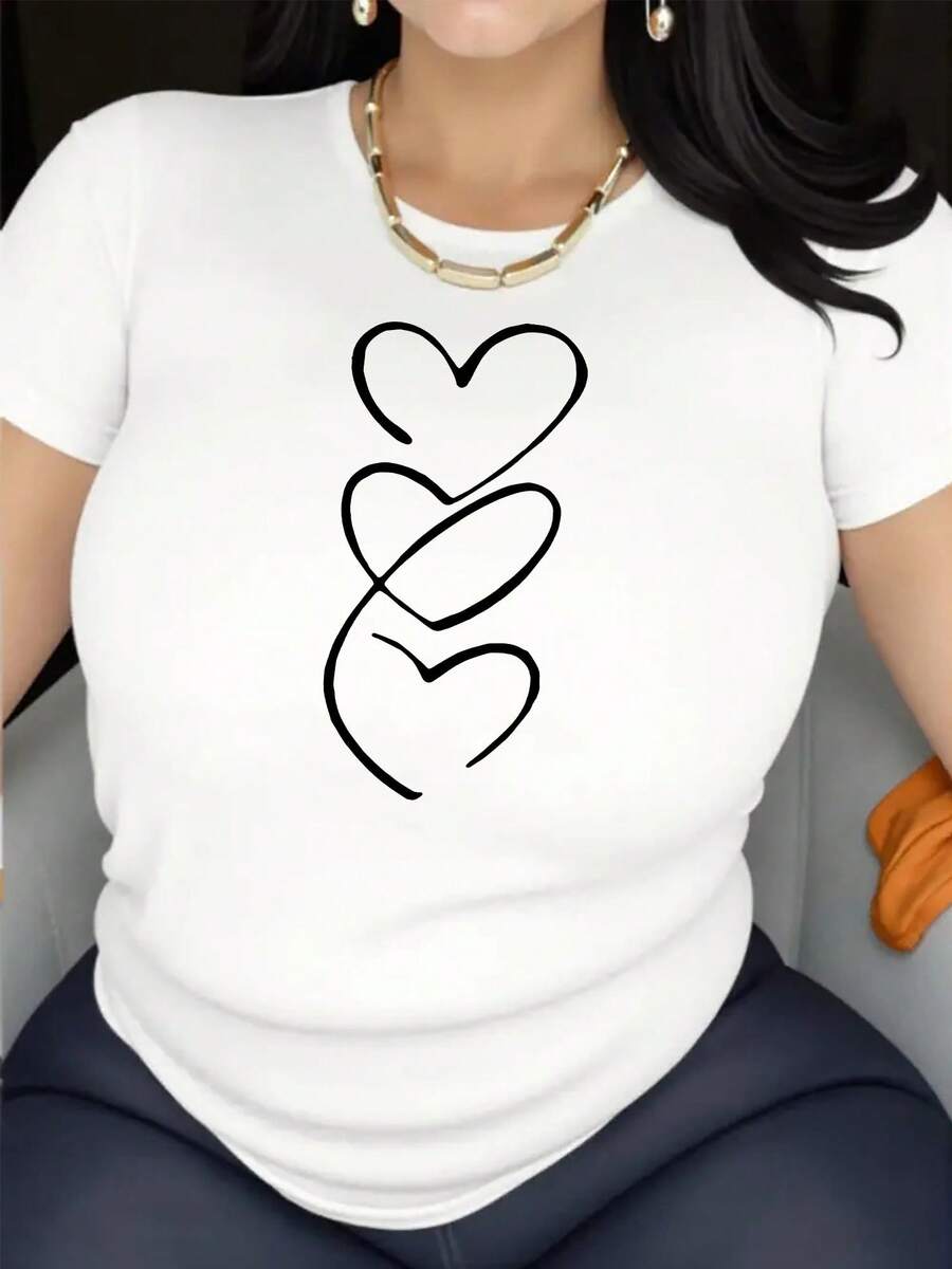 Women's T-Shirt, 100% Cotton, Short-Sleeved T-Shirt With Heart Print For Women, European And American Style - Sporty And Casual, Simple And Athletic, 95% Polyester Fiber, 5% Spandex, 180g, Printed Design, Suitable For All Seasons, Comfortable And Breathable, Fashionable And Versatile, Easy To Match, Elegant And Simple. Plain White T-Shirt - 白色 - 查看 1