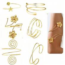 6pcs Set Minimalist Geometric Metal Arm Cuff Bracelets, Exaggerated Leaf Design Suitable For Beach Vacation & Street Style - A0003T-11 - View 5