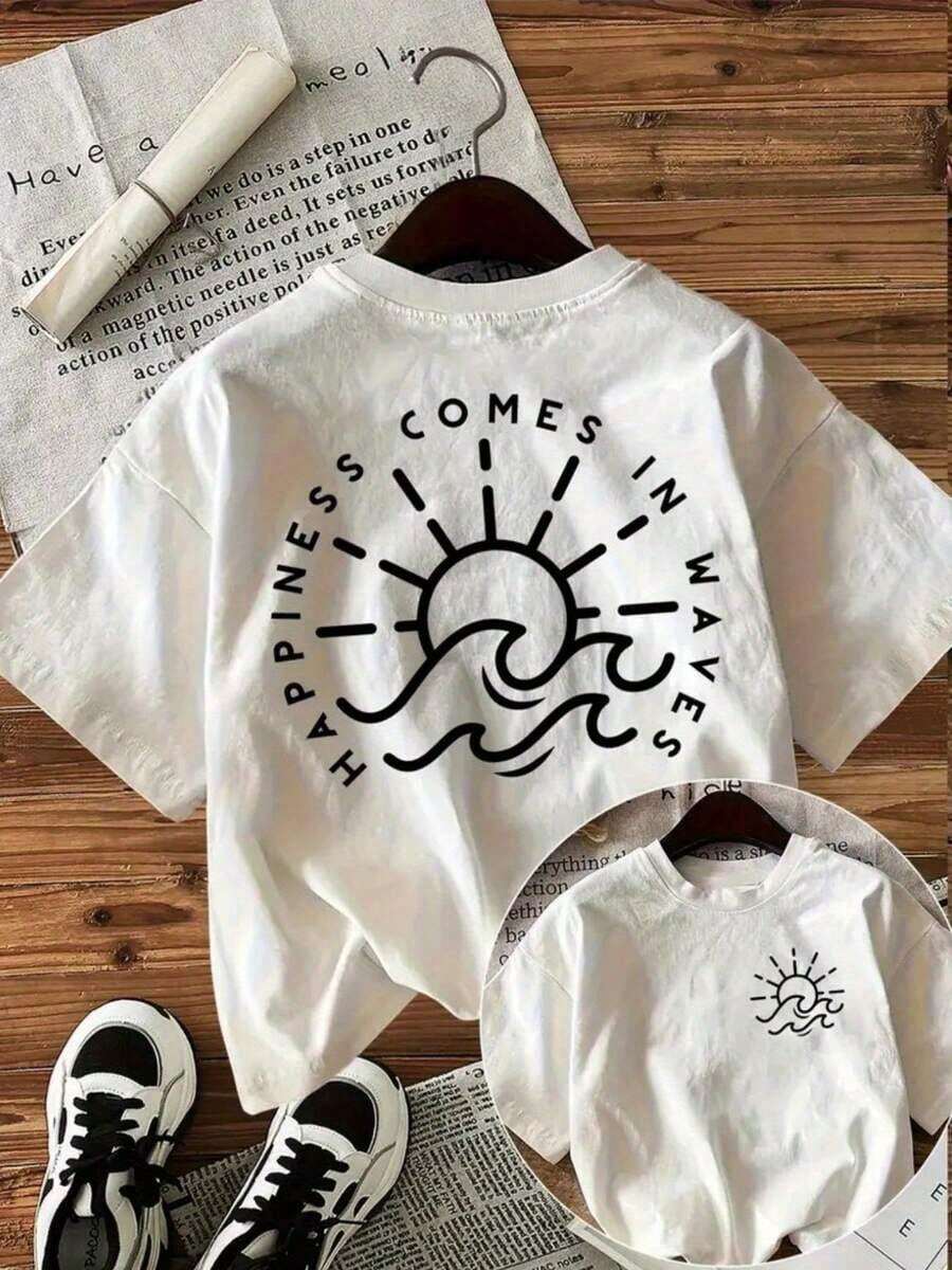 Short-Sleeve Letter Print T-Shirts, Casual Short-Sleeve Crew Neck Tops, Spring/Summer Casual Wear For Women, 100% Cotton Tops, T-Shirts, Pure Cotton T-Shirts - 白色的 - 查看 1
