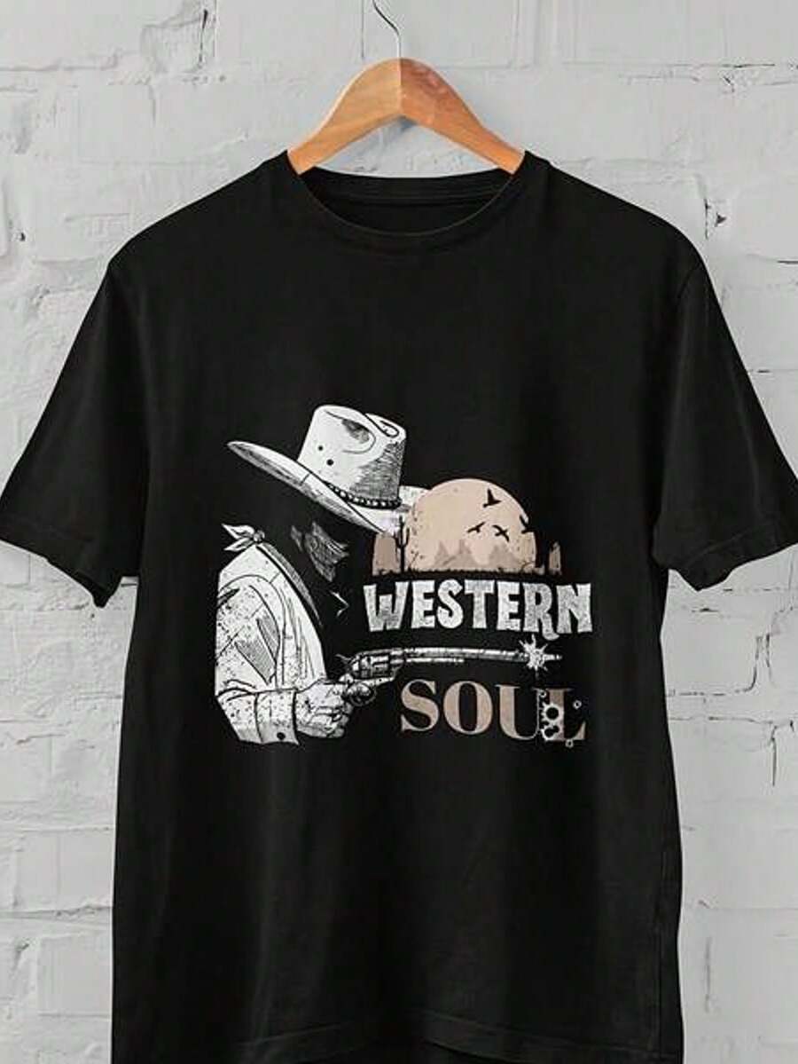 Women's Short Sleeve Crew Neck T-Shirt With Western Soul Print Cowboy Hat Gun Sunset S-3XL Fashionable, Comfortable And Breathable, Machine Washable - 黑色 - 查看 1