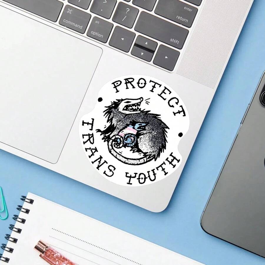 1PC Protect Trans Youth Vinyl Sticker, Cute Opossum Quote Decal With Soft Pastel Illustration And Supportive Message, Waterproof Decorative Sticker For Laptop, Water Bottle, Notebook, Journal, Phone Case And Tumbler Decor - S2158 - View 1