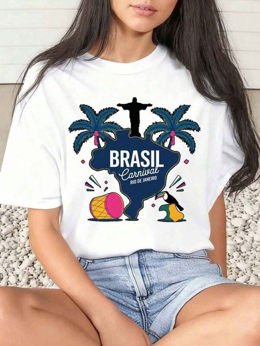 Women's Short-Sleeved T-Shirt With Round Neck And Print Featuring Brazil Carnival, Rio De Janeiro, Map, Palm Trees, Christ The Redeemer, Drum, Toucan. Sizes S-3XL. Fashionable, Comfortable And Breathable, Machine Washable. - 白色 - 查看 1