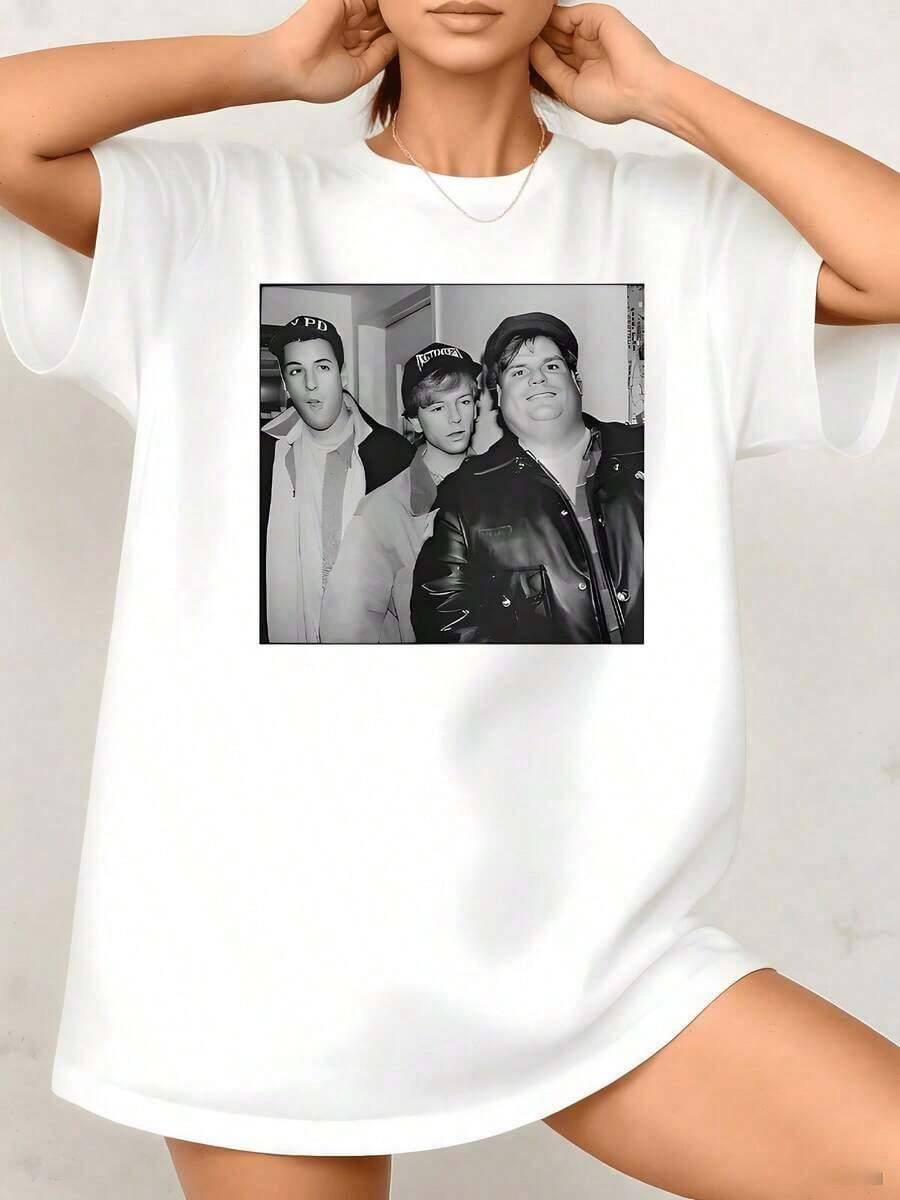 Women's T-Shirt With Black And White Graphic Print, Retro Comedy Stars, 100% Cotton, Crew Neck, Casual Style, 1 Piece. Excellent Gifts For Friends And Family. - 白色 - 查看 1