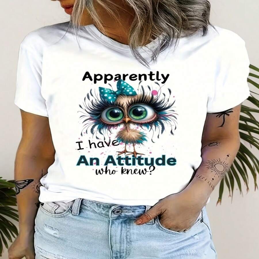 Camiseta casual para mujer - "Obviamente soy muy individualista" - Llamativo estampado de gallo, combinado con un lazo turquesa y un diseño salpicado, cuello redondo suave y elástico, apta para todas las estaciones, lavable a máquina, divertida, elasticidad media, tallas S-XXXL - Blanco - Ver 1