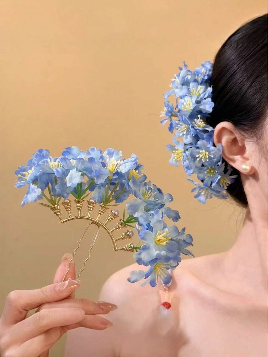 1個仿珍珠花朵髮夾,新中式風格花卉髮飾,優雅女性頭飾,春/夏,髮髻延伸,髮卡 - 彩色 - 查看 1