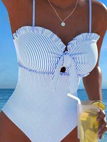 Nuevo traje de baño de una pieza elegante y sexy con rayas, encaje, volantes, lazo en el busto y tirantes desmontables para playa, fiesta en la piscina, vacaciones de verano - Negro - Ver 4