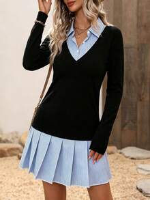 New Women's Patchwork Cute Casual Daily Wear College Style Button Design Elegant Outfit, Suitable For Back To School Season, Autumn/Winter Black - Black - View 1
