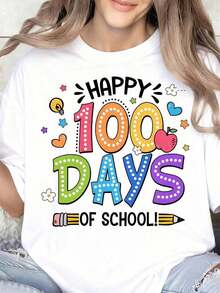 "Happy 100 Days Of School" T-Shirt For Kids, Teachers, And Parents Celebrating The 100th Day Of School With Colorful Design And Fun Elements. 100% Pure Cotton, Women's T-Shirt. - 白色 - 查看 1