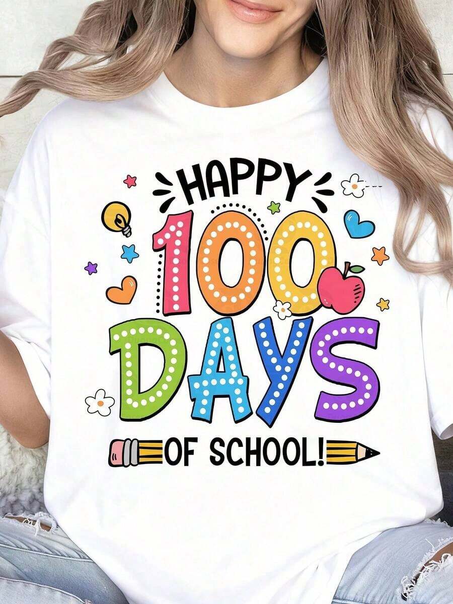 "Happy 100 Days Of School" T-Shirt For Kids, Teachers, And Parents Celebrating The 100th Day Of School With Colorful Design And Fun Elements. 100% Pure Cotton, Women's T-Shirt. - 白色 - 查看 1