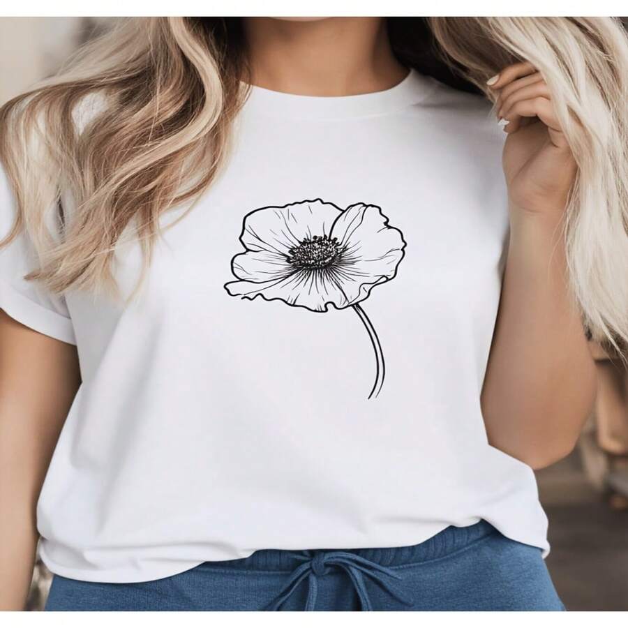 Women's Floral Print T-Shirt, Casual Summer Style For Everyday Wear And Beach Outings. Cute 2D Print T-Shirts For Women, Casual Women's T-Shirt, Loose Fit, Slightly Stretchy, Sizes S-XXXL - 白色 - 查看 1