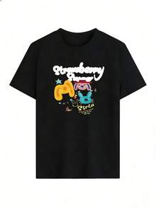T-Shirt With Three Rabbit Faces And The Text "Strawberry," A  Short-Sleeved T-Shirt For Spring And Summer 2026, Made In Mexico, 180 Grams. Cartoon Print, Couple Design, Suitable For Indoor Or Outdoor Wear. Crew Neck, Unisex, Ideal For The Office And Leisure. One-Pack. - BK-P631577SLNDXZGY638 - 查看 2