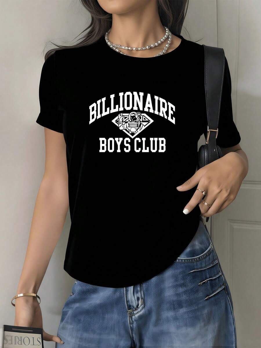 Futuristic Symbol Representing Intellectual Strength And The Adventure Of The Human Spirit, Featuring An Astronaut Surrounded By Geometric Shapes And Bold Lettering. Modern Women's T-Shirt For Elegant Casual Wear. - 黑色 - 查看 1