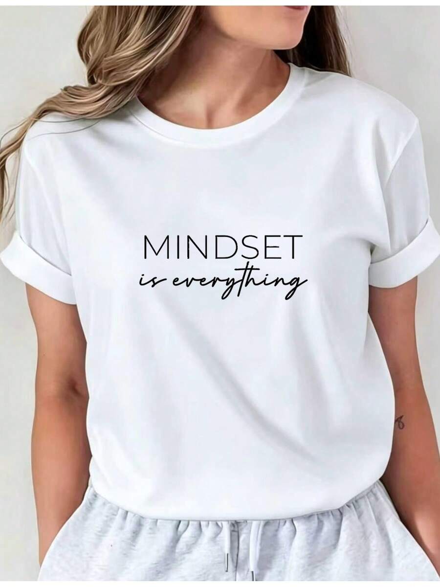 Camiseta Estampada para Mujer - Camiseta Casual de Manga Corta y Cuello Redondo Blanca con Texto MINDSET is everything. Con un Corte Relajado para Todas las Estaciones, Perfecta para el Uso Diario y Atuendos de Vacaciones (Lavable aáquina). - Blanco - Ver 1