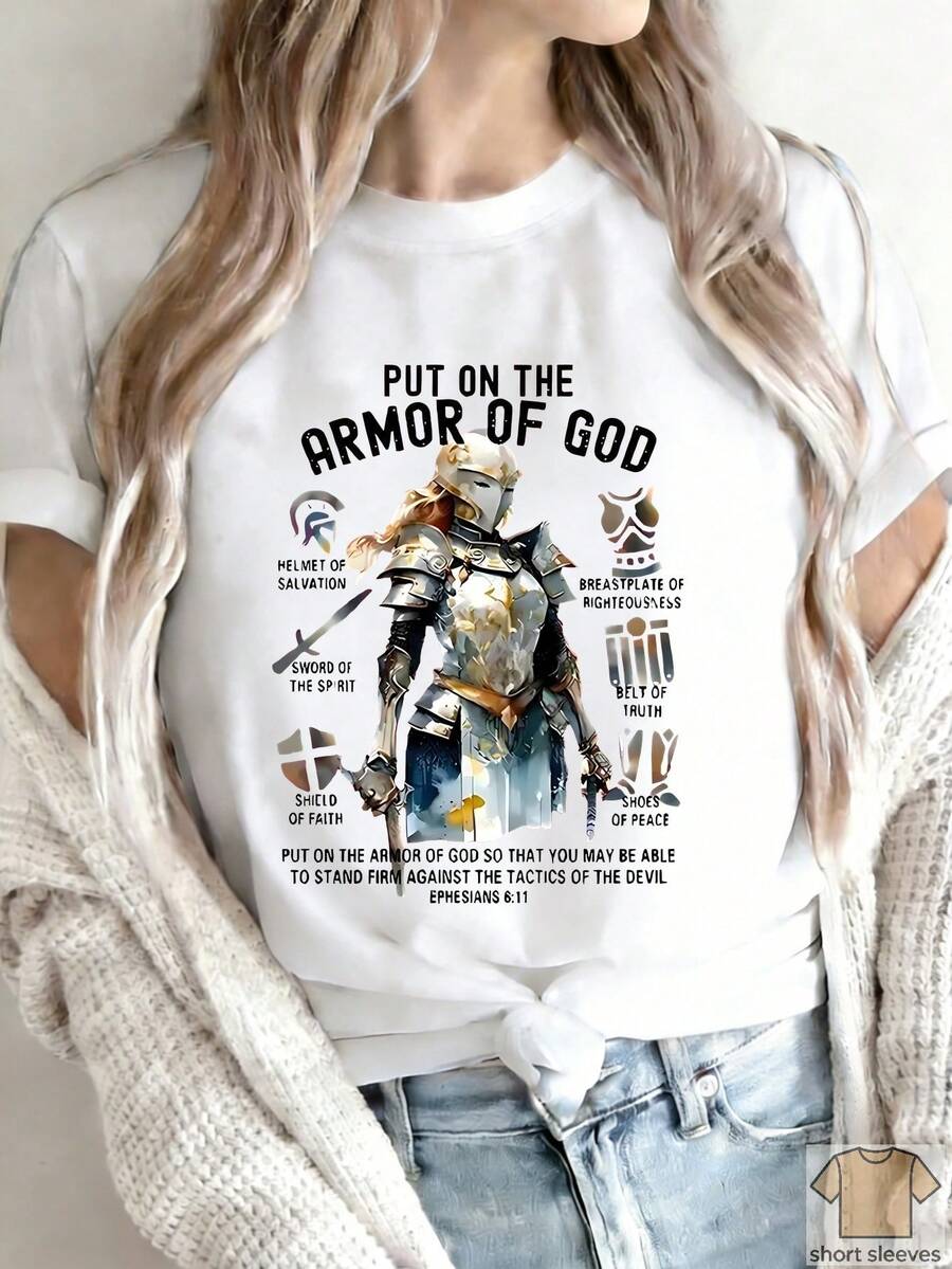 Camiseta Deportiva Casual para Mujer con Ilustración Colorida de Armadura y Texto Inspirador - Camiseta Blanca de Cuello Redondo, Elástica y Lavable aáquina, Ajuste Cómodo, para Todas las Estaciones, Prenda Versátil para un Look Casual y Motivador. - Blanco - Ver 1