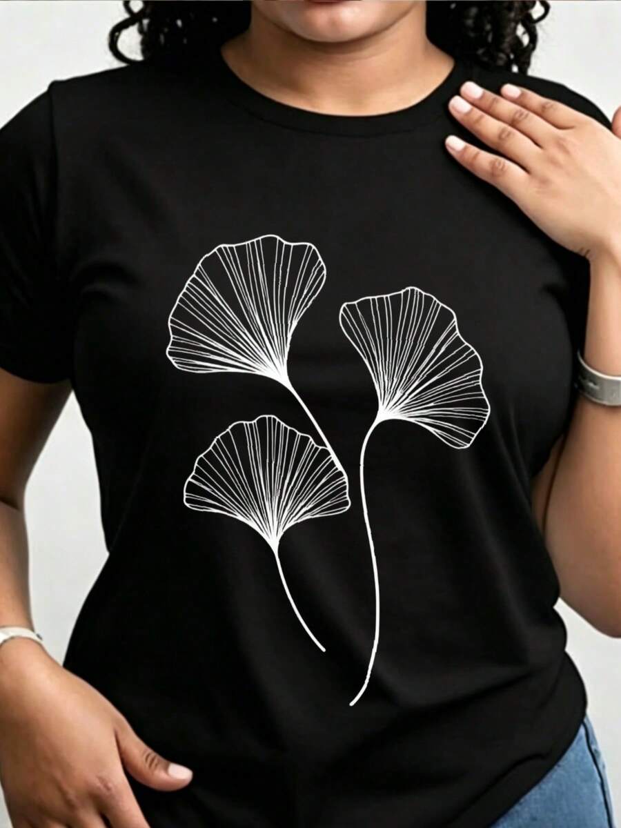 Women's Printed T-Shirt - Casual Short Sleeve Crew Neck Black T-Shirt With White Poppy Flower Design. Relaxed Fit For All Seasons, Perfect For Everyday Wear Or Holiday Outfits (Machine Washable). - 黑色 - 查看 1