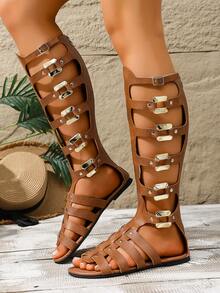 1 par de sandalias elegantes de dama con cremallera de cuero PU estilo bohemio, adecuadas para el hogar, vacaciones y uso al aire libre en verano - Marrón - Ver 5