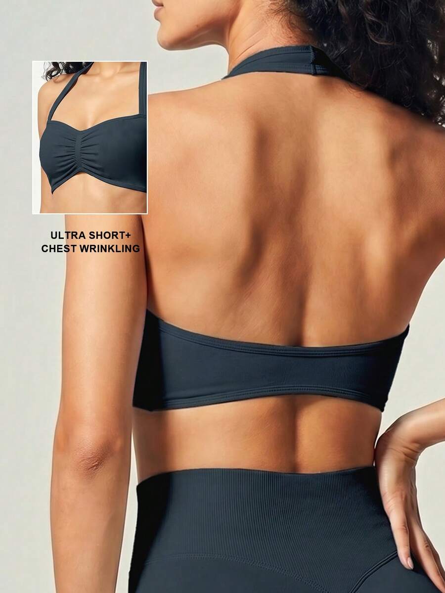 UONNOU Sujetador deportivo con diseño recortado y fruncido, top corto con diseño sin espalda para fitness - Azul Marino - Ver 1
