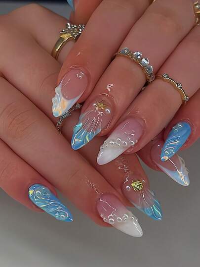 Add A Touch Of Romance With 24pcs Almond Press On Nails Almond Elegant Pearls Shells Stars 3D Stripes White Gradient Blue French Full Coverage Fake Nail Tips For Women And Girls Press On Nails Includes 1sheet Adhesive Tabs & 1pc Mini File Suitable For Summer Party Office Daily Wear False Nails Jelly Glue Is Randomly Shipped
