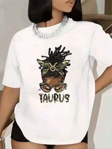Women's T-Shirt With Taurus Zodiac Sign Print With Afro Hair And Glasses, Short Sleeve, Round Neck, Casual Clothing For Birthday Party Or Daily Wear, Basic Women's Blouse, Women's Blouse, Urban Style T-Shirt, Casual T-Shirt For Festivals And Daily Wear. - 白色 - 查看 6