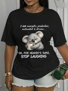 Camiseta Estampada para Mujer - Camiseta Casual Negra de Manga Corta y Cuello Redondo con Divertido Diseño de Koala y Texto Humorístico. Con un Corte Relajado para Todas las Estaciones, la Elección Perfecta Tanto para el Uso Diario como para tus Atuendos de Vacaciones (Lavable aáquina). - Negro - Ver 6