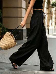 Women's High-Waisted, Loose-Fitting, Solid-Color Wide-Leg Pants, A Stylish And Fashionable Outfit Suitable For Spring, Summer, Autumn, And Winter. Appropriate For Vacations, Work, And Everyday Wear, These Pants Showcase A Graceful Elegance And Are Suitable For Parties, The Beach, Romantic Dates, Casual And Elegant Work Attire, And Versatile For Daily Use. - 黑色 - 查看 5