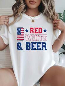 Camiseta de Mujer Casual de Corte Holgado, Opciones en Blanco y Negro, Estampado Patriótico Americano RED WHITE & BEER, Camisetas Gráficas para el Día de la Independencia, Tops de Verano, Camisetas Gráficas, Conjuntos de Verano, Camisetas Cortas para Mujer, Ropa Linda de Algodón Vintage para Mujer, Playera Holgada para Mujer - Blanco - Ver 7