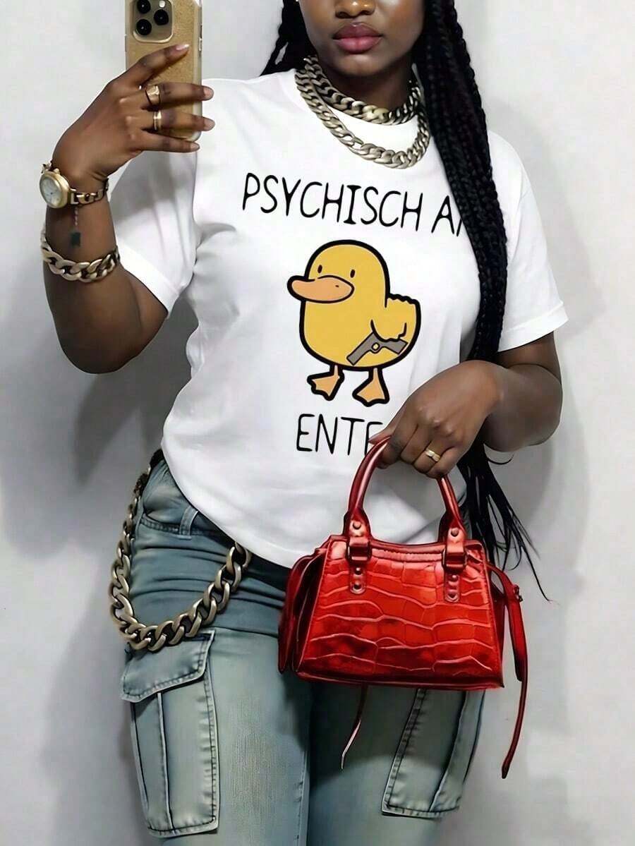 Women's Casual Loose Fit T-Shirt With Fun And Novelty Graphic Print Of A Duck With A Handbag, Fade Resistant, Versatile, Suitable For Everyday And Sports Wear, Ideal Gift Option, 100% Cotton - 白色 - 查看 1