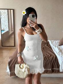 FOR BEAUTY Đầm hai dây trắng Y2K nữ họa tiết sao biển viền tua rua hở lưng quyến rũ cho tiệc bãi biển hoặc kỳ nghỉ dưỡng mùa hè - trắng - Xem 9