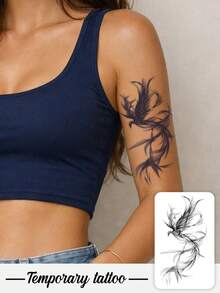 1 Herbal Tattoo Sticker, Black And White Ink Smoke Style Phoenix, Vertical Long Strip Temporary Tattoo Sticker, Washable, PVC, Disposable, Waterproof And Sweatproof, Suitable For Arms, Waist, Abdomen, Back, Legs, Non-Reflective, Realistic Tattoo, Suitable For People, For Daily Use, Lasts 7-14 Days - Black - View 1