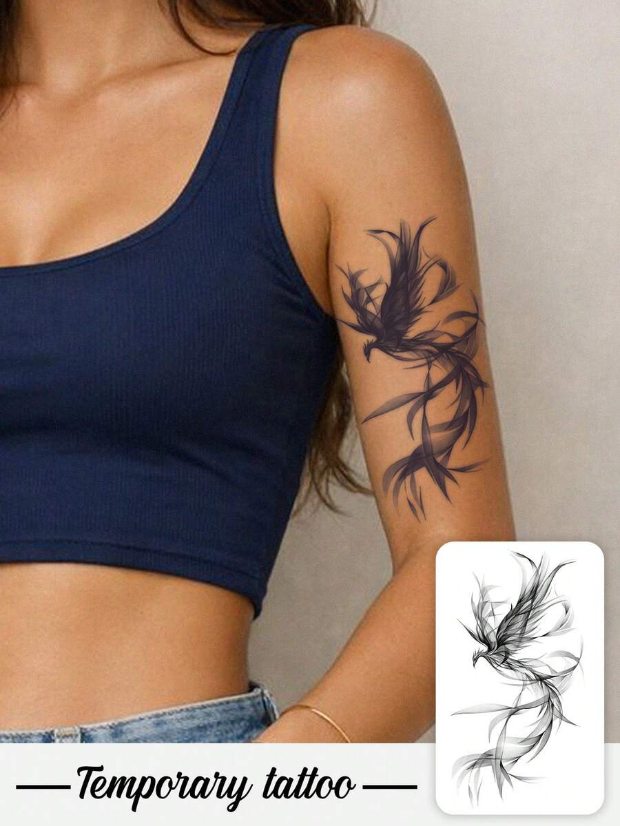 1 Herbal Tattoo Sticker, Black And White Ink Smoke Style Phoenix, Vertical Long Strip Temporary Tattoo Sticker, Washable, PVC, Disposable, Waterproof And Sweatproof, Suitable For Arms, Waist, Abdomen, Back, Legs, Non-Reflective, Realistic Tattoo, Suitable For People, For Daily Use, Lasts 7-14 Days - Black - View 1