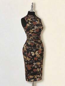 xheEllevyn Vestido elegante de longitud media con pliegues y estampado de lunares para mujerxhe - Multicolor - Ver 2