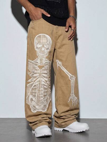 Modcrash Quần jeans ống rộng dáng suông thêu hình đầu lâu cỡ lớn phong cách vintage dành cho nam của ONE.DINY.