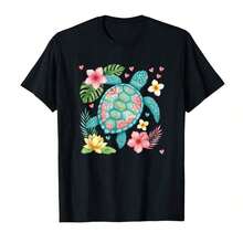 Camiseta con diseño de tortuga marina floral y flores hawaianas, arte estético para mujeres y niñas, transpirable y cómoda. - Negro - Ver 6