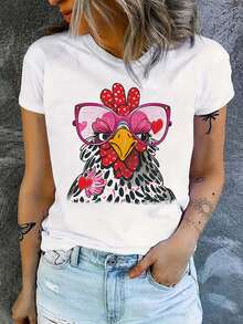 Camiseta de cuello redondo con estampado de para mujer - Divertido diseño de pollo de dibujos animados con gafas rosas y corazones, camiseta casual de manga corta para primavera y verano, blanca, camiseta de pollo,% - Negro - Ver 6