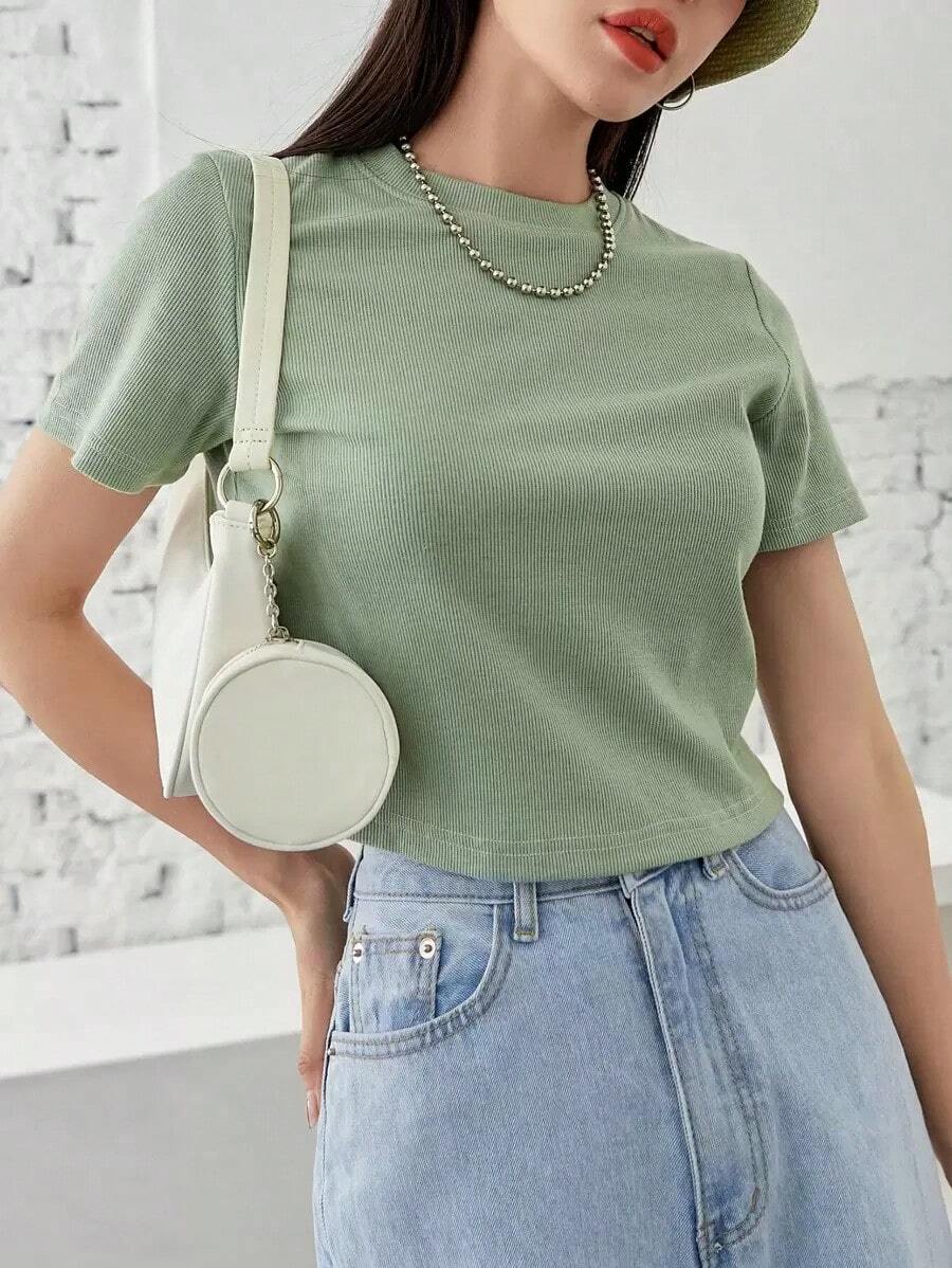 Camiseta de punto acanalado sólido, estilo "Old Money", Crop Tops, Ropa casual de negocios para mujer - verde menta - Ver 1