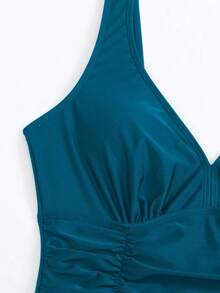 Traje de baño de una pieza con espalda descubierta y unicolor, adecuado para vacaciones en la playa - verde oscuro - Ver 6