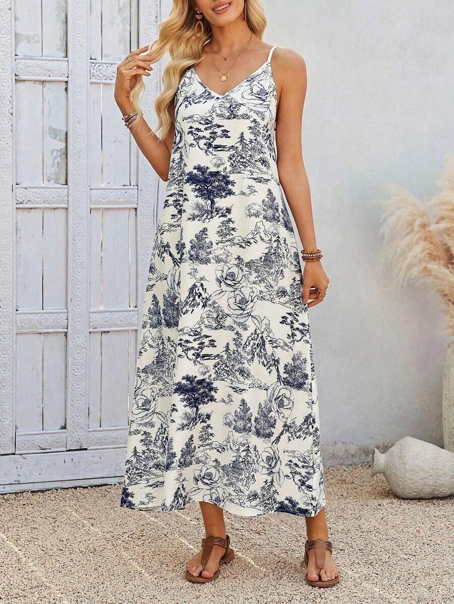 Vestido casual largo de punto elástico para mujer, cómodo y de moda para primavera/verano, vacaciones, adecuado para verano, vacaciones, con estampado vintage de flores, hojas y tropical - Multicolor 4 - Ver 1