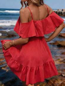 Vestido corto elegante de mujer con cuello en V, volantes, cintura y línea A, con estampado de lunares marrones y hombros descubiertos - Rojo - Ver 2