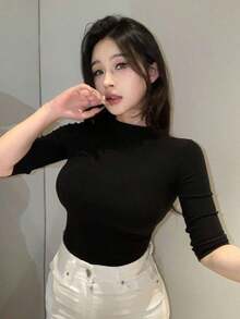 Camiseta básica de manga corta negra de ajuste ceñido para mujer, adecuada para primavera, verano, Día de San Valentín y uso en la oficina - Negro 2 - Ver 3