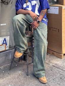 Y2K复古风男士黑色水洗宽松直筒牛仔裤，送给老公或男友的完美礼物 - 橄欖綠 - 查看 3