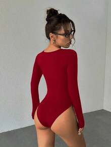 Unity Body de manga larga para mujer, color marrón, ajuste ceñido, minimalista, versátil para ir al trabajo - Burdeos 2 - Ver 2