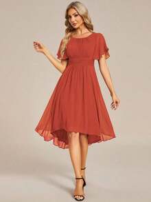 Vestido de dama de honor de gasa con pliegues y mangas con volantes, vestido de noche elegante para invitados de boda en primavera - Naranja Quemada - Ver 4