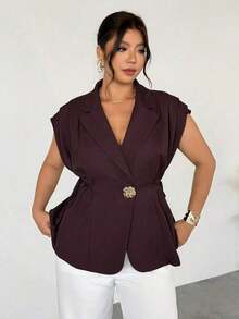 de traje delgada de botón de metal casual y elegante a juego para mujer talla grande, de lino marrón/Chaqueta de traje de imitación de lino/Blusa con lazo plisado/Ropa casual de negocios para mujer/Ropa de maestra/Ropa retro para mujer/Co - Rojo - Ver 8