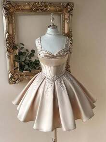 Vestido elegante, lujoso y noble de estilo palaciego con hombros abiertos, escote corazón sin tirantes, silueta de sirena, decoración de perlas falsas y bajo acampanado, adecuado para despedida de soltera, boda, graduación, vacaciones y fiesta de - Albaricoque - Ver 1