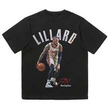 Men's Short-Sleeved T-Shirt, Loose Fit, 100% Cotton, Basketball T-Shirt With Retro Print Of Portland Trail Blazers Star Lillard, Niche Hip-Hop Style. - 黑色 - 查看 7